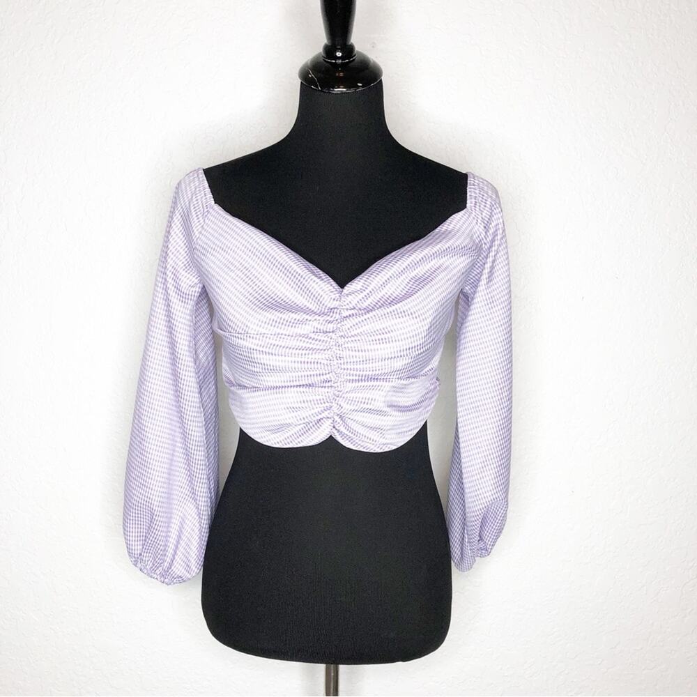 Saint Mojavi purple white gingham plaid off shoulder crop top size Extra Small
